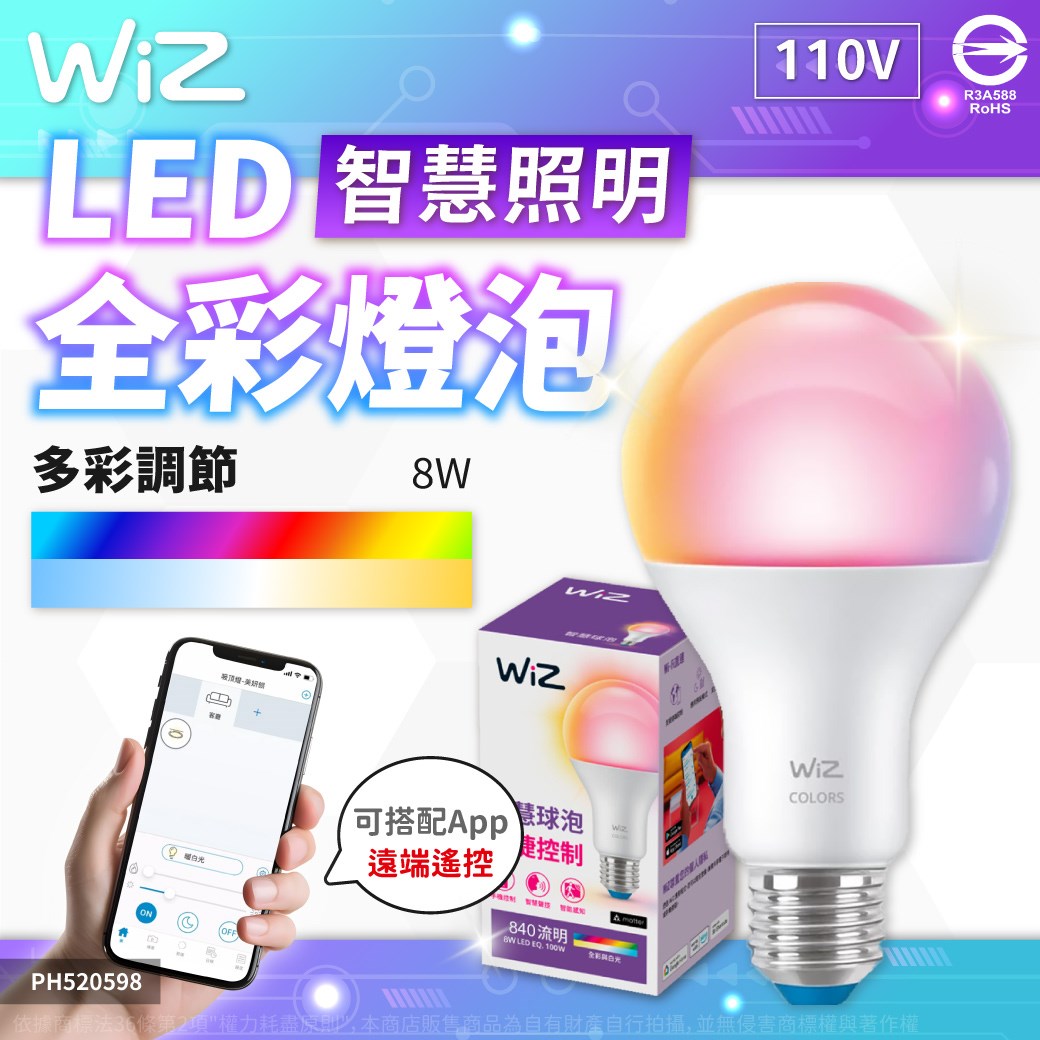 PHILIPS飛利浦 Smart Wi-Fi LED 8W 110V APP 遠端手機控制 可調色 可調光 全彩燈泡 智能 WiZ 球泡燈_PH520598