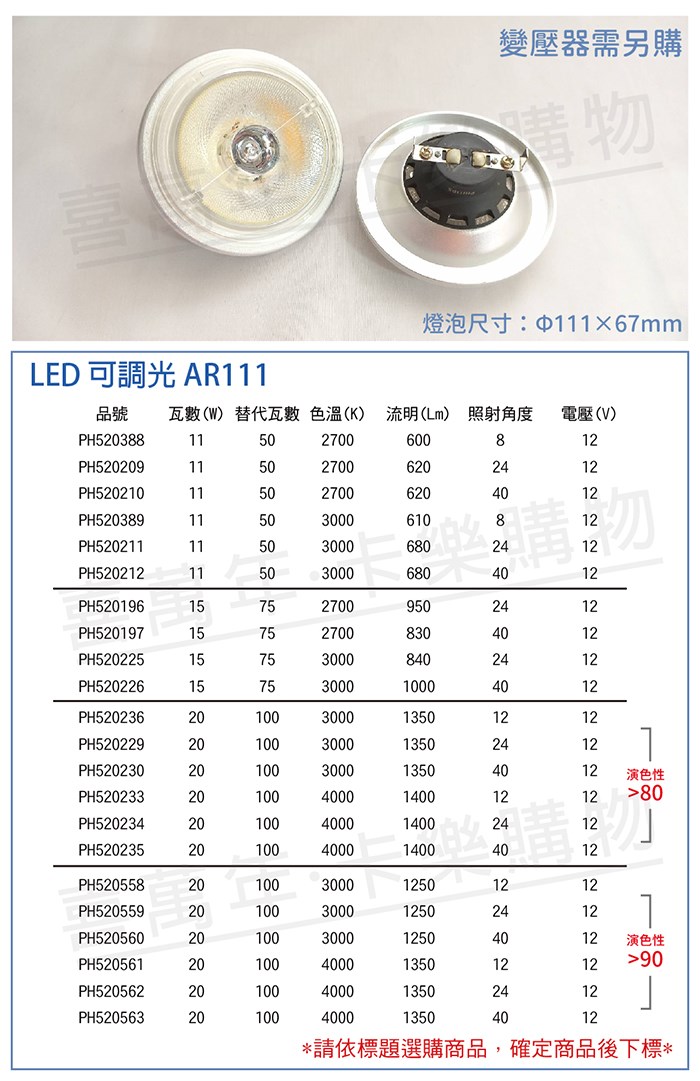 PHILIPS飛利浦 LED 20W 930 3000K 黃光 12V AR111 24度 可調光 燈泡_PH520559