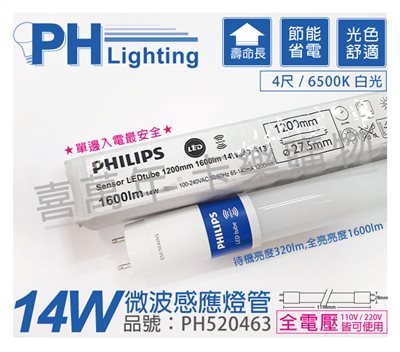 PHILIPS飛利浦 Sensor TLED 14W 6500K 白光 全電壓 4尺 微波感應燈管_PH520463