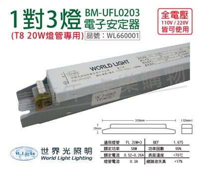 WORLD LIGHT 世界光 BM-UFL0203 FL 20W 3燈 全電壓  預熱啟動 電子安定器_WL660001