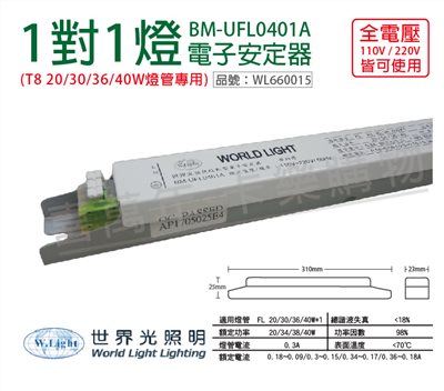 WORLD LIGHT 世界光 BM-UFL0401A T8 18/20/36/40W 1燈 全電壓 預熱啟動  電子安定器_WL660015