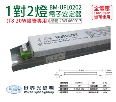 WORLD LIGHT 世界光 BM-UFL0202 FL 20W 2燈 全電壓 預熱 電子安定器_WL660017