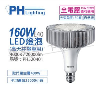 PHILIPS飛利浦 TrueForce LED 160W 4000K 自然光 130度 E40 全電壓 IP40 天井燈專用燈泡_PH520401 