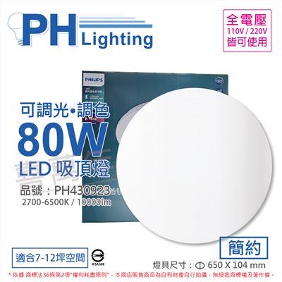 PHILIPS飛利浦 LED Pyxis 靜欣 80W 全電壓 舒適光 可調光 可調色 簡約 吸頂燈 適用7-12坪_PH430923