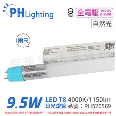 PHILIPS飛利浦 Ledtube DE LED T8 2尺 9.5W 840 自然光 全電壓 雙端入電 日光燈管_PH520569