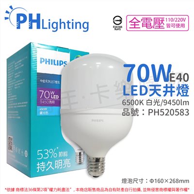 PHILIPS飛利浦 LED HID HB 70W E40 865 白光 全電壓 中低天井燈專用燈泡_PH520583